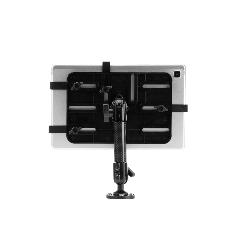 Universal tablet holder with screw-mounted anchoring for vehicles