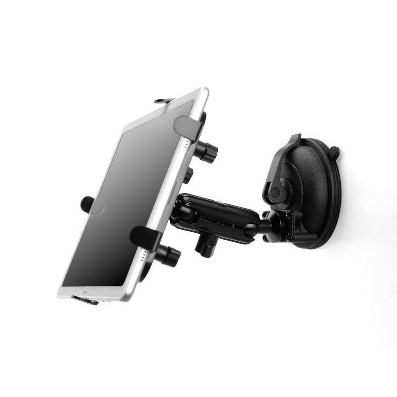 Short universal tablet holder for vehicles with suction cup mount